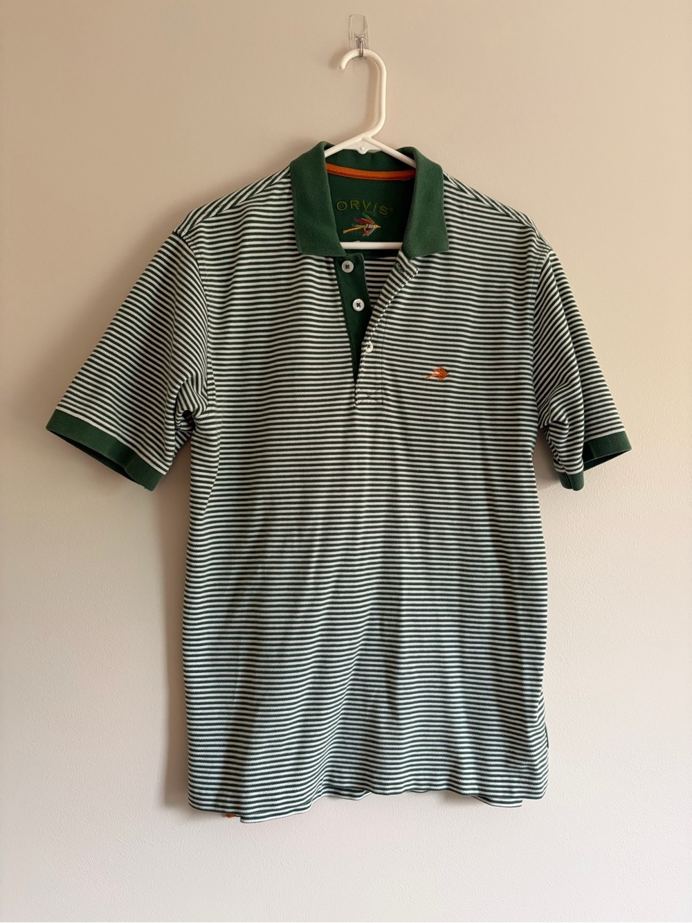 Orvis Green and White Striped Polo with Dark Green Collar